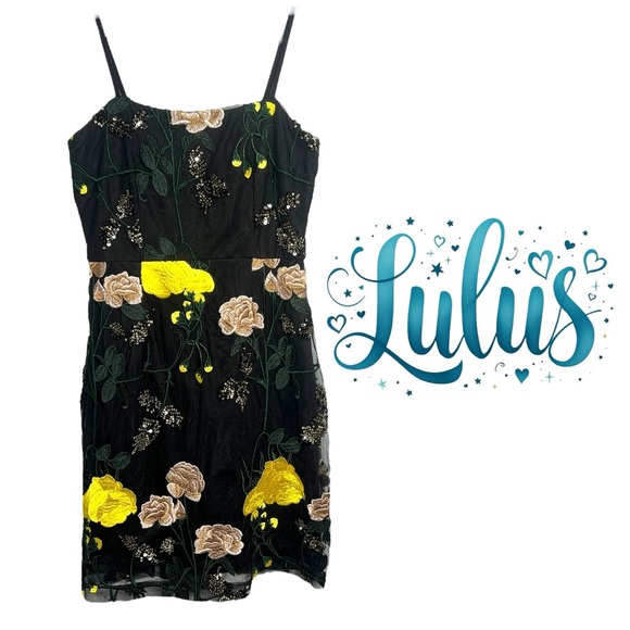 Lulus Rue Black Floral Embroidered Sequin Bodycon Mini Dress Size Small - Picture 1 of 9